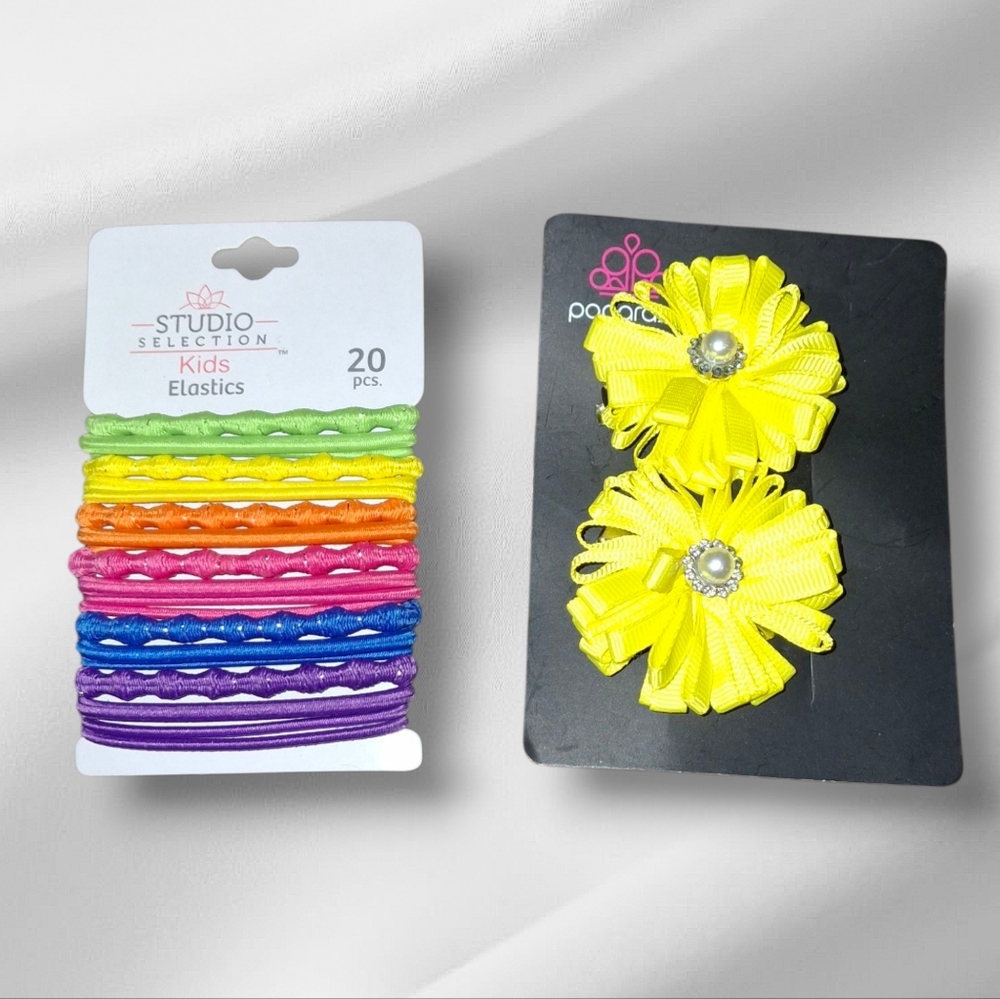 Teens Girls Ladies Hair Bows Clips with 20 Elastics Colorful Yellow Nwt
